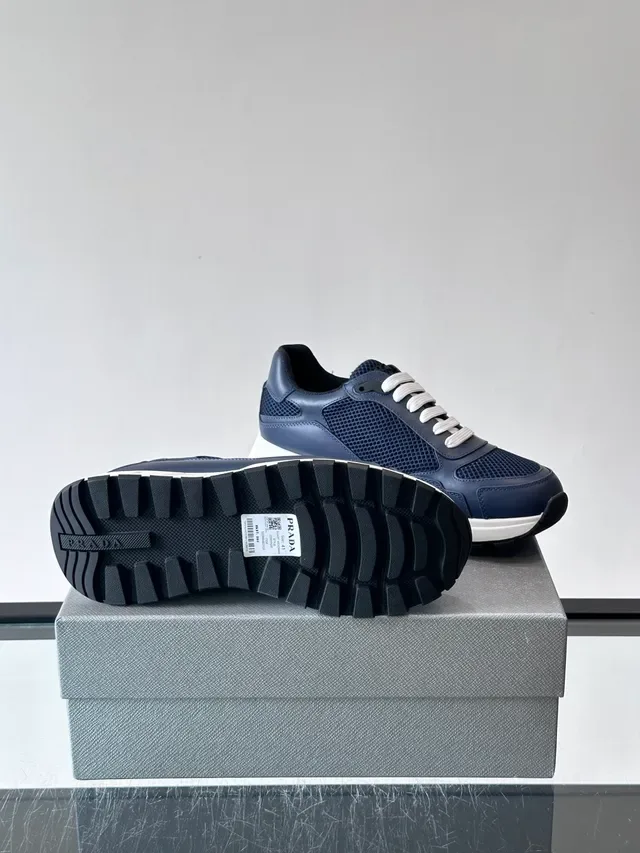 Prada Navy White Mesh And Leather Panel Construction Triangular Metal Logo Plaque Lifestyle Sneakers 2