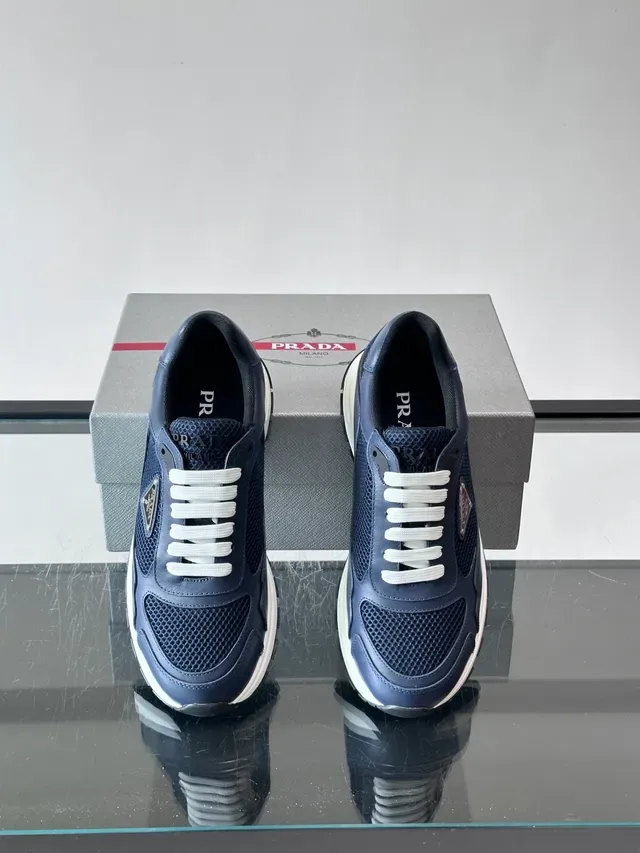 Prada Navy White Mesh And Leather Panel Construction Triangular Metal Logo Plaque Lifestyle Sneakers 4
