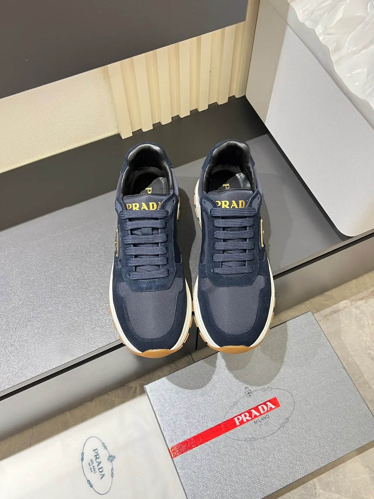 Prada Navy White Suede And Nylon Upper Midsole Lifestyle Sneakers 5