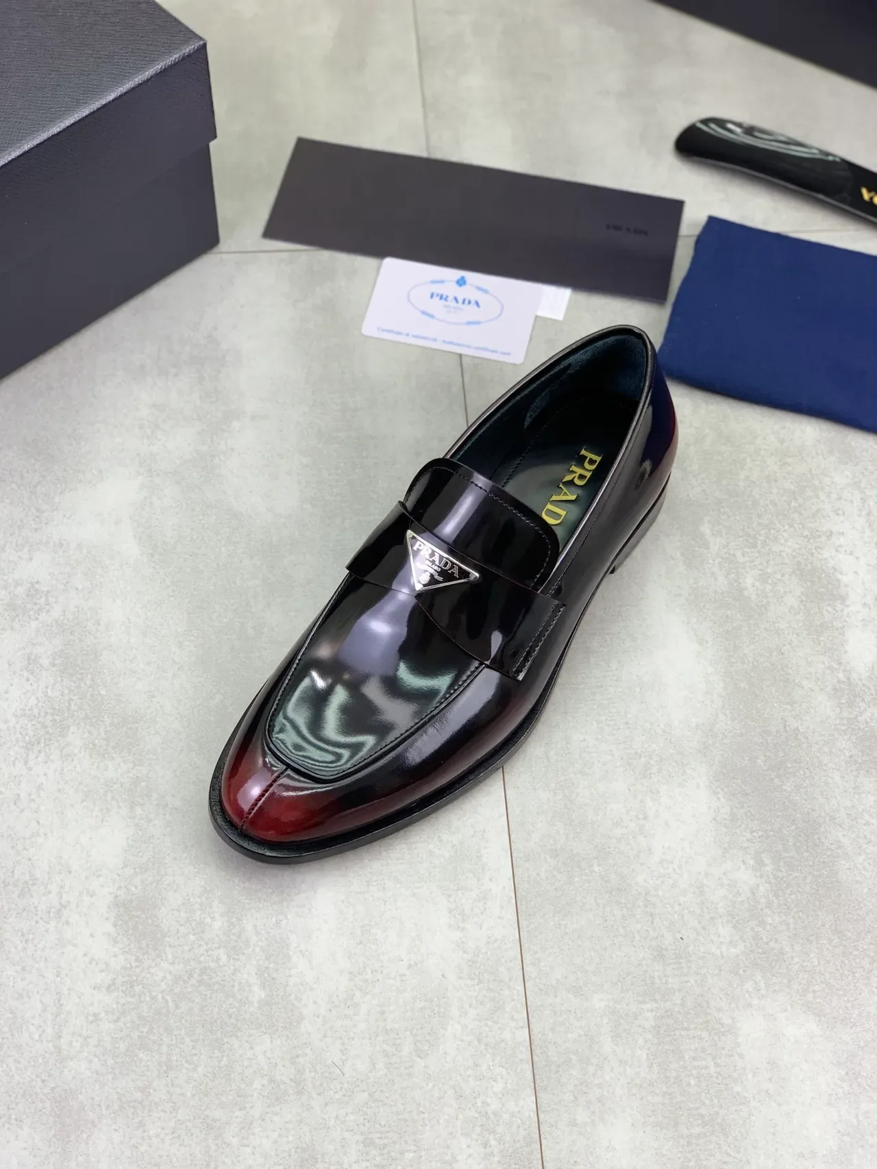 Prada Penny Loafer Black Burgundy Patent Leather Gradient Toe Loafer 4