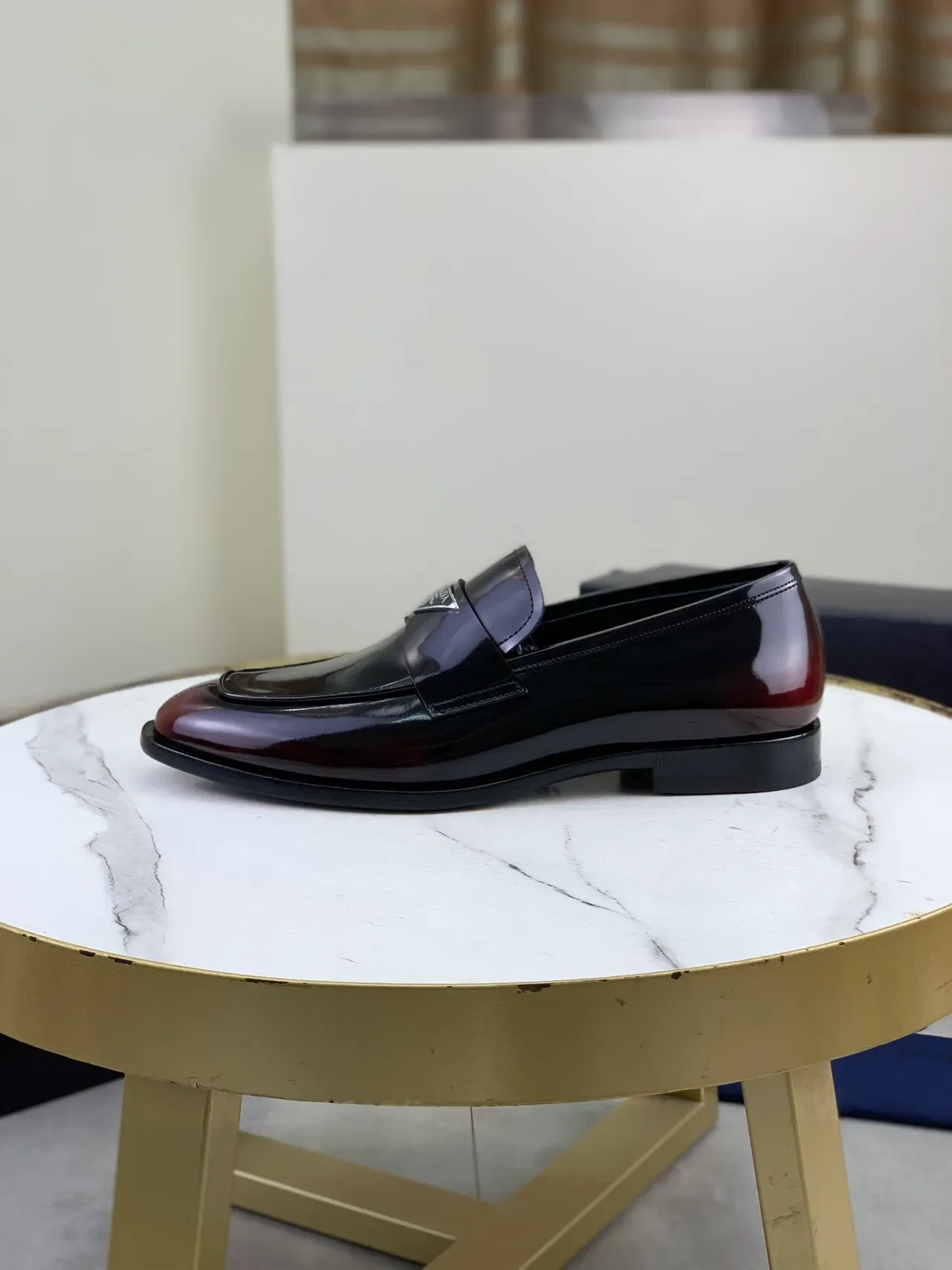 Prada Penny Loafer Black Burgundy Patent Leather Gradient Toe Loafer 6
