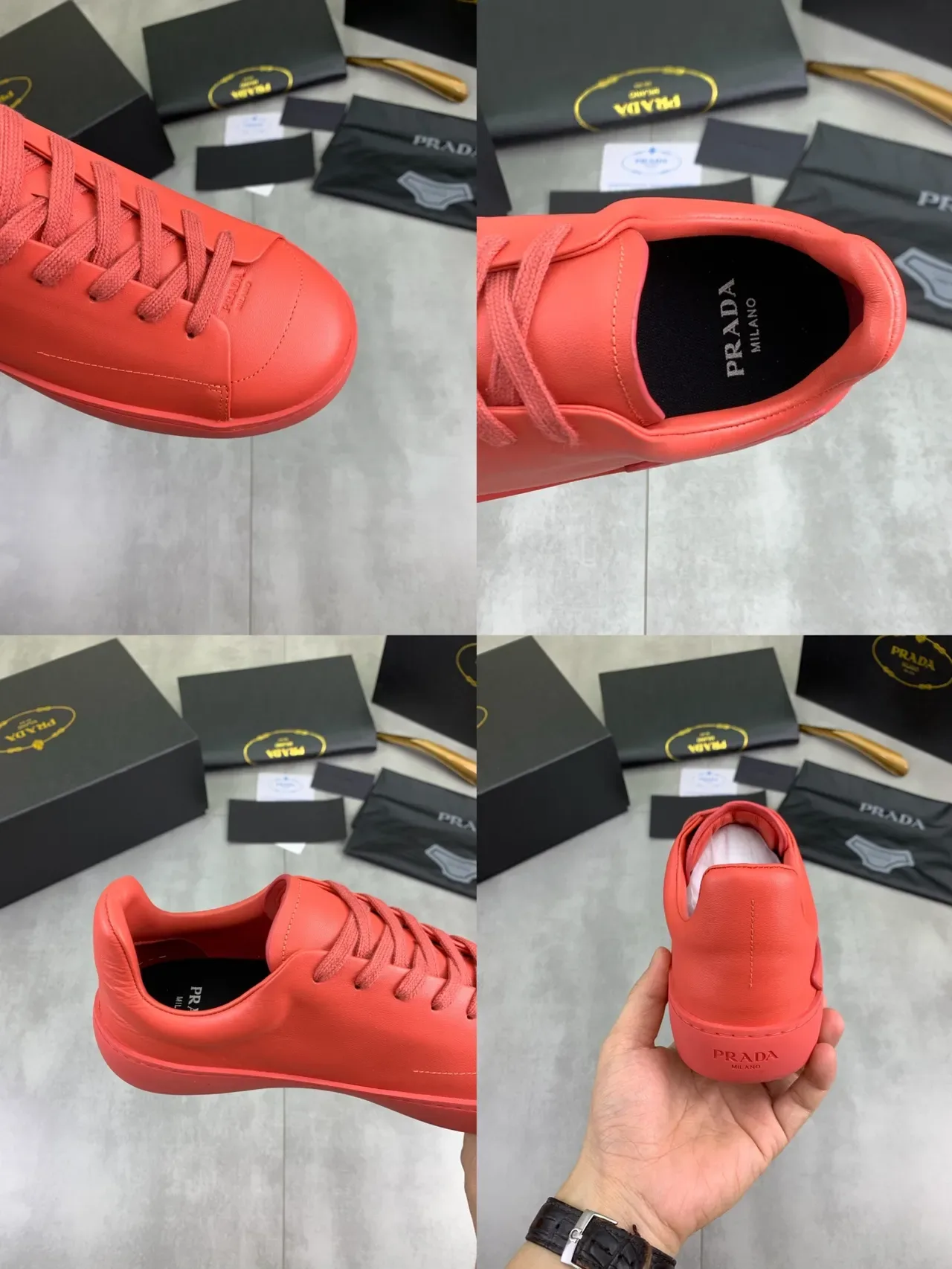 Prada लाल मोनोक्रोम लेदर मिनिमलिस्ट सिल्हूट लाइफस्टाइल स्नीकर 2