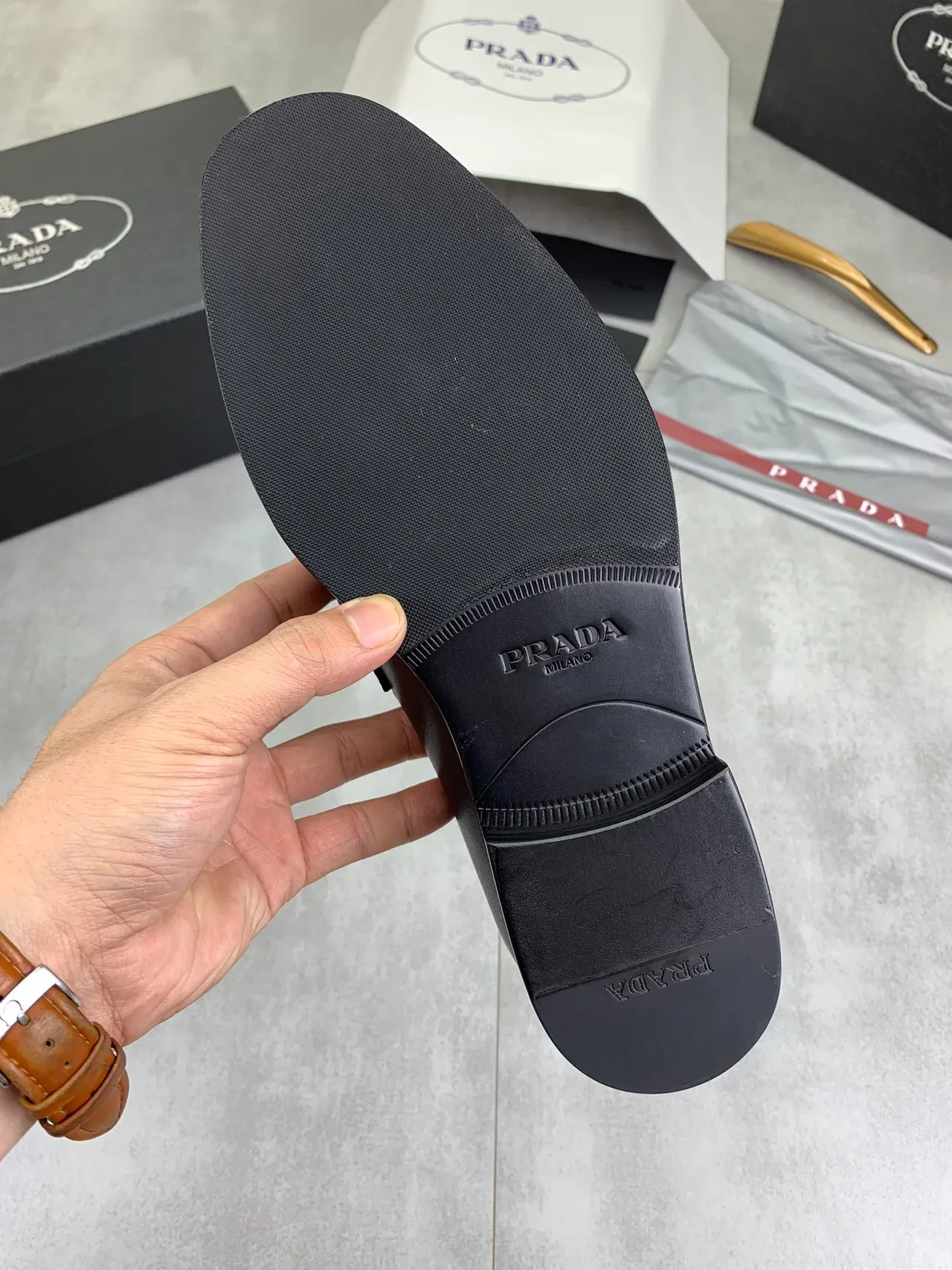 Prada Triangle Logo Strap Loafer Black Leather Metal Loafer 3