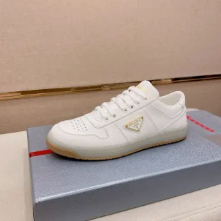 Prada White Beige Leather Upper Perforated Toe Cap Lifestyle Sneakers