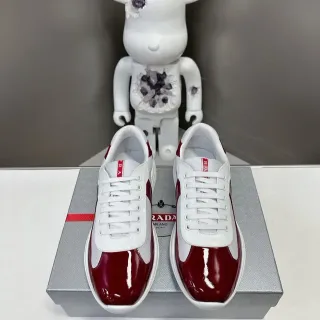 Prada White Burgundy Low-Top Glossy Patent Toe Cap Lifestyle Sneakers