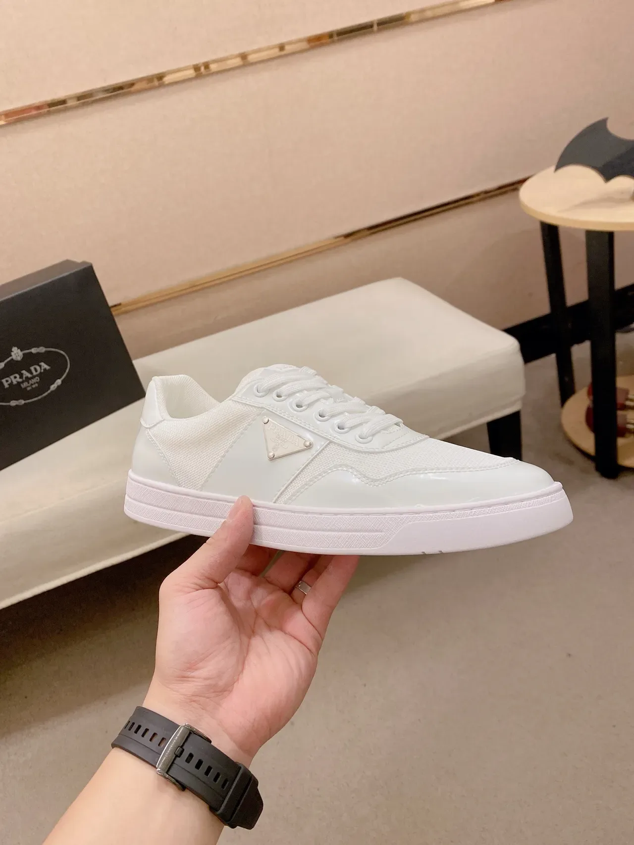Prada White Low-Top Mixed-Material Upper Lifestyle Sneakers 4