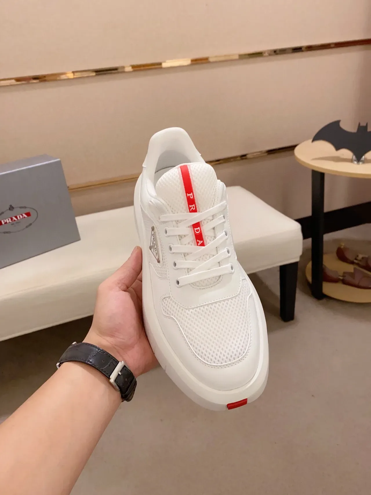 Prada White Red Mesh And Leather Upper Thick Platform Sole Chunky Sneakers 2