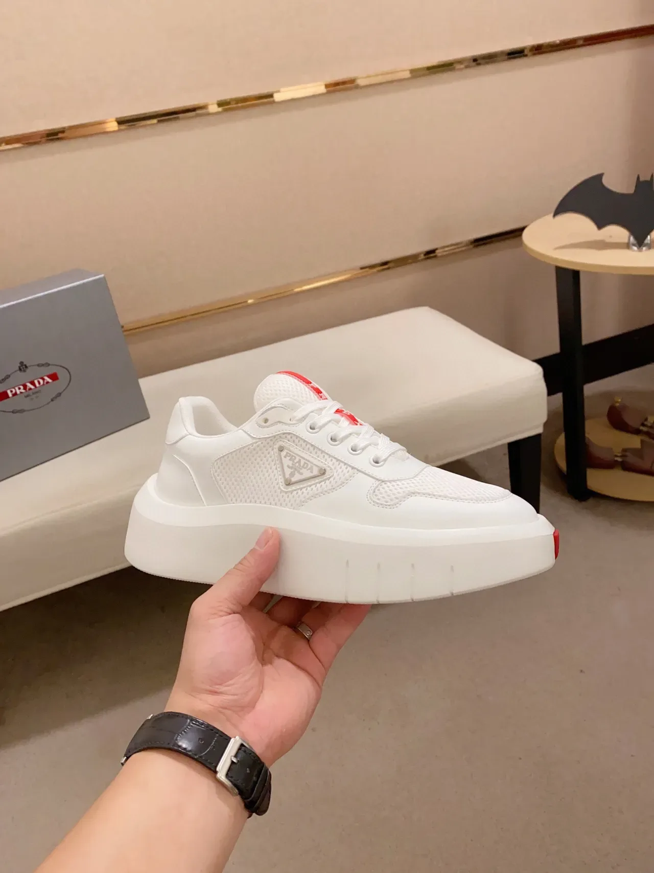 Prada White Red Mesh And Leather Upper Thick Platform Sole Chunky Sneakers 4