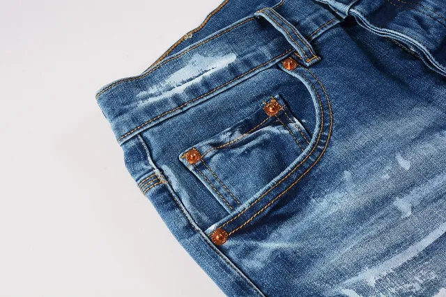 Purple Brand Jeans Desgastados com Salpicaduras de Tinta Slim Straight 9