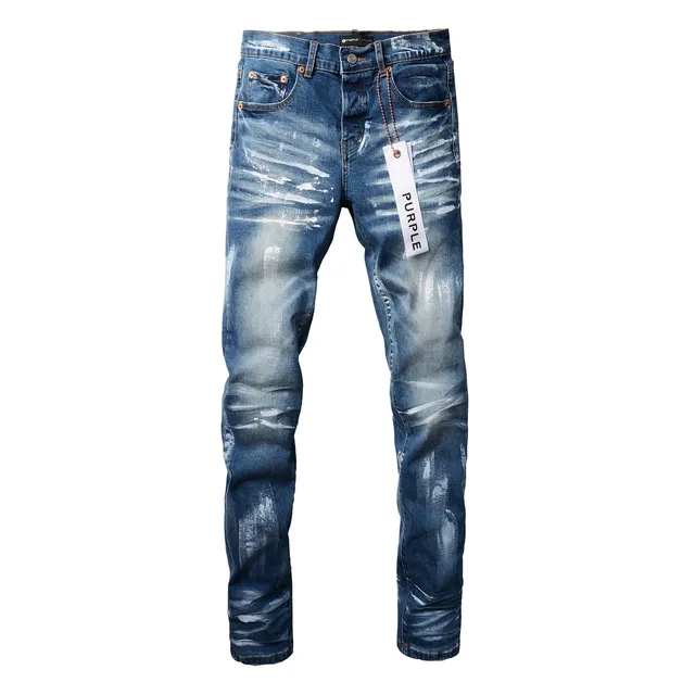 Purple Brand Jeans Desgastados com Salpicaduras de Tinta Slim Straight 15