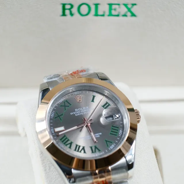 Rolex Datejust Mostrador Cinza Numerais Romanos Verdes Duas Cores Relógio Mecânico 5