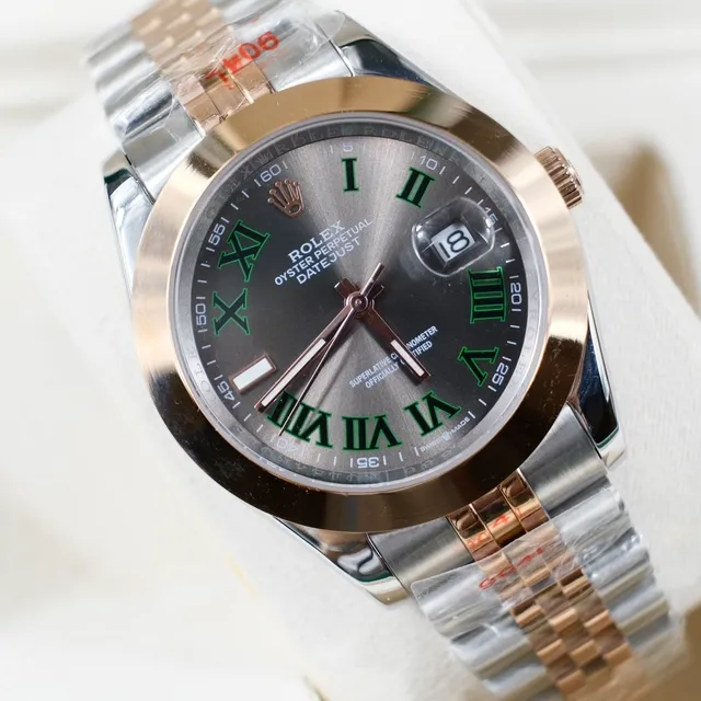 Rolex Datejust Mostrador Cinza Numerais Romanos Verdes Duas Cores Relógio Mecânico 6