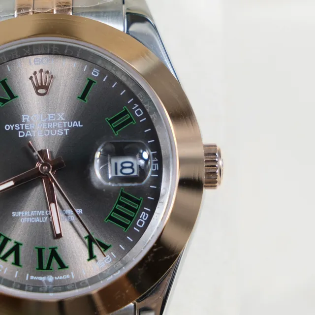 Rolex Datejust Mostrador Cinza Numerais Romanos Verdes Duas Cores Relógio Mecânico 9