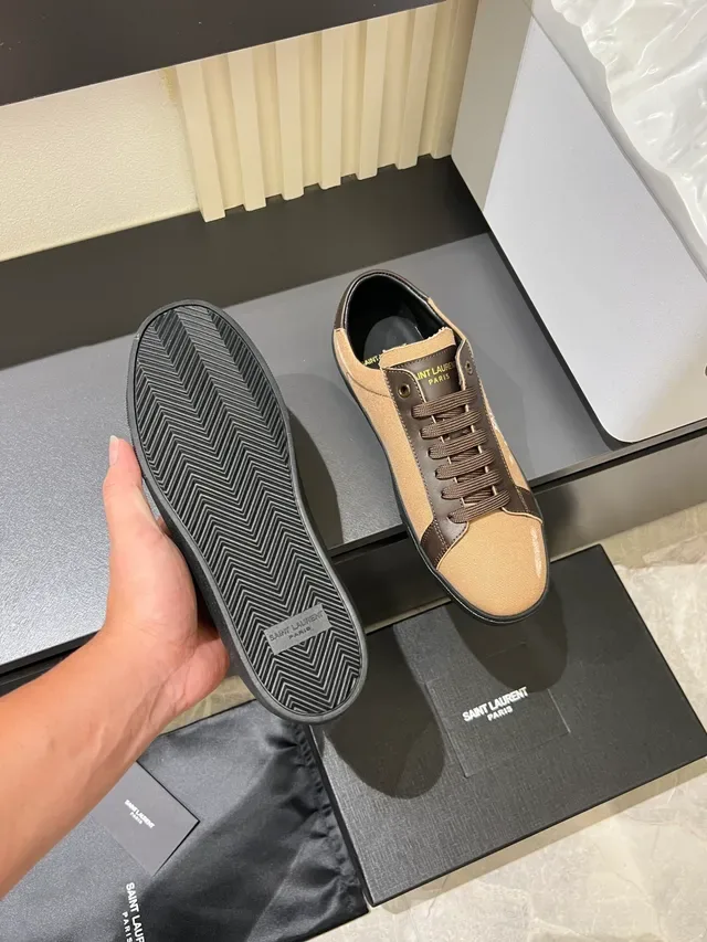 Saint Laurent Beige et Marron Sneakers en Toile et Cuir 4