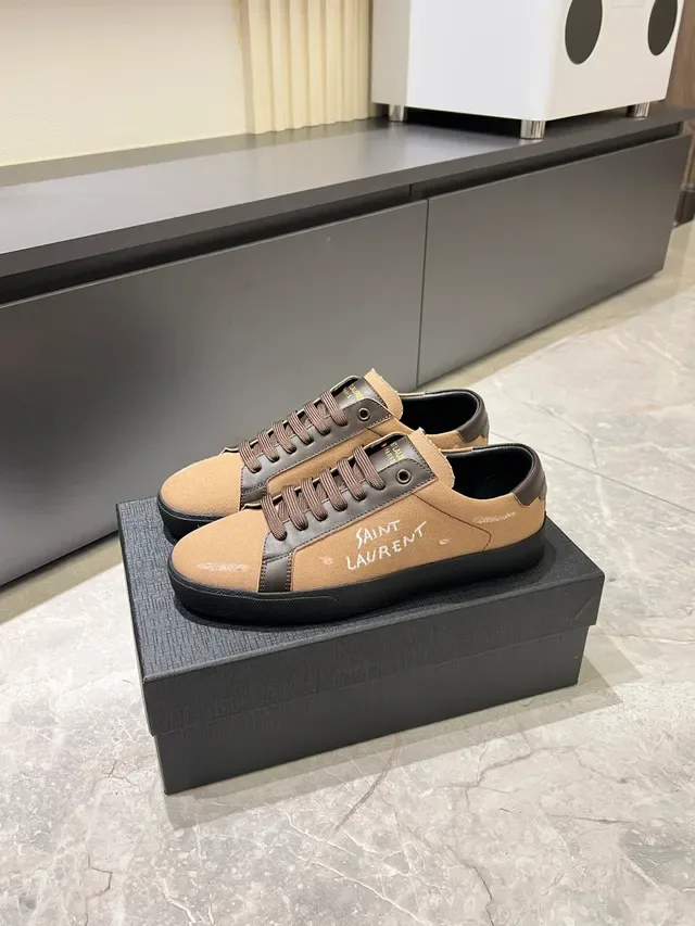 Saint Laurent Beige et Marron Sneakers en Toile et Cuir 5