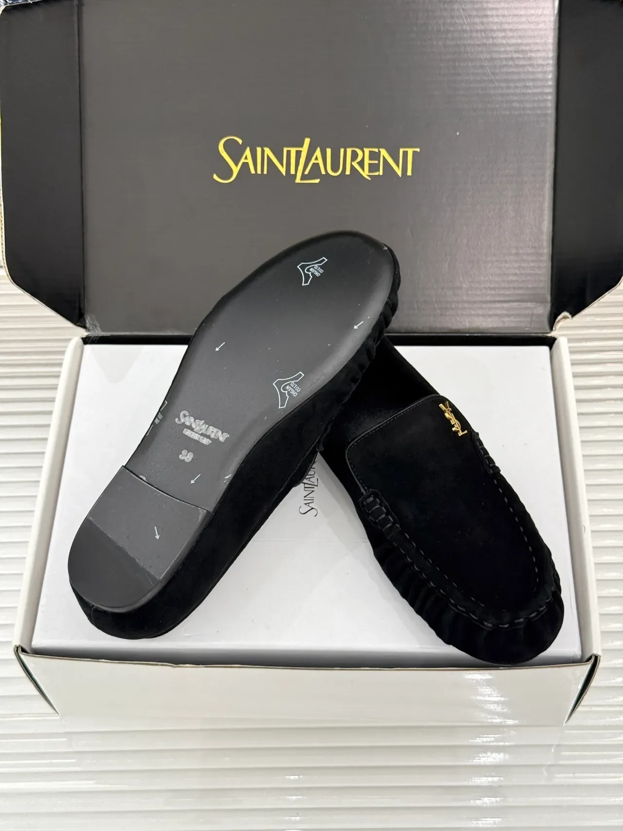 Saint Laurent Loafer Black Suede Gold Logo Loafers 3