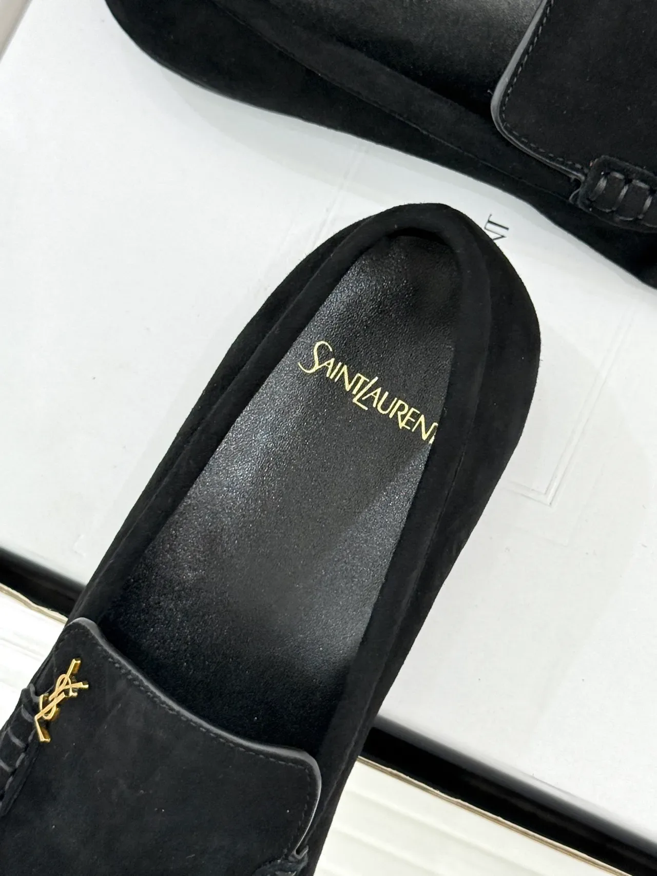 Saint Laurent Loafer Black Suede Gold Logo Loafers 4