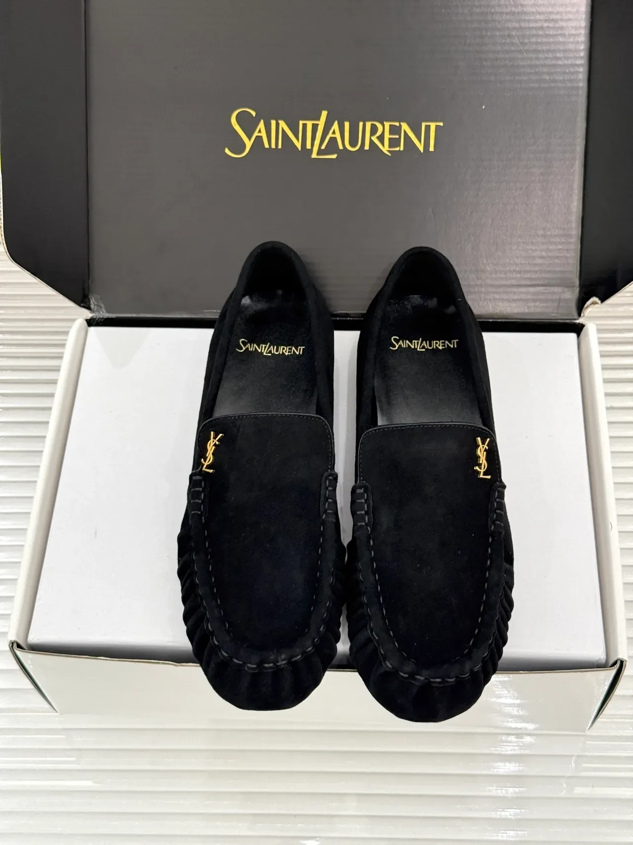 Saint Laurent Loafer Black Suede Gold Logo Loafers 5