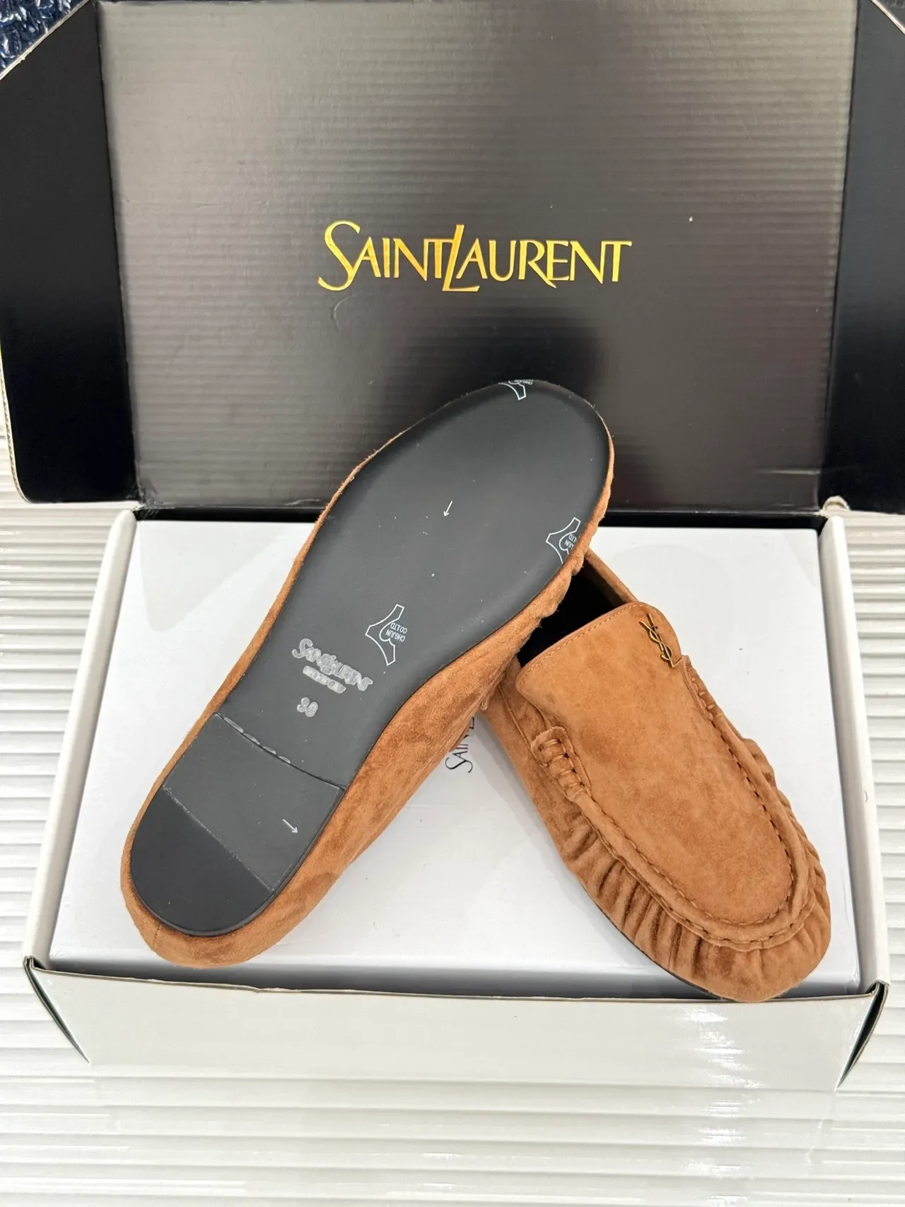 Saint Laurent Loafer Brown Black Suede Ruched Vamp Loafer 2