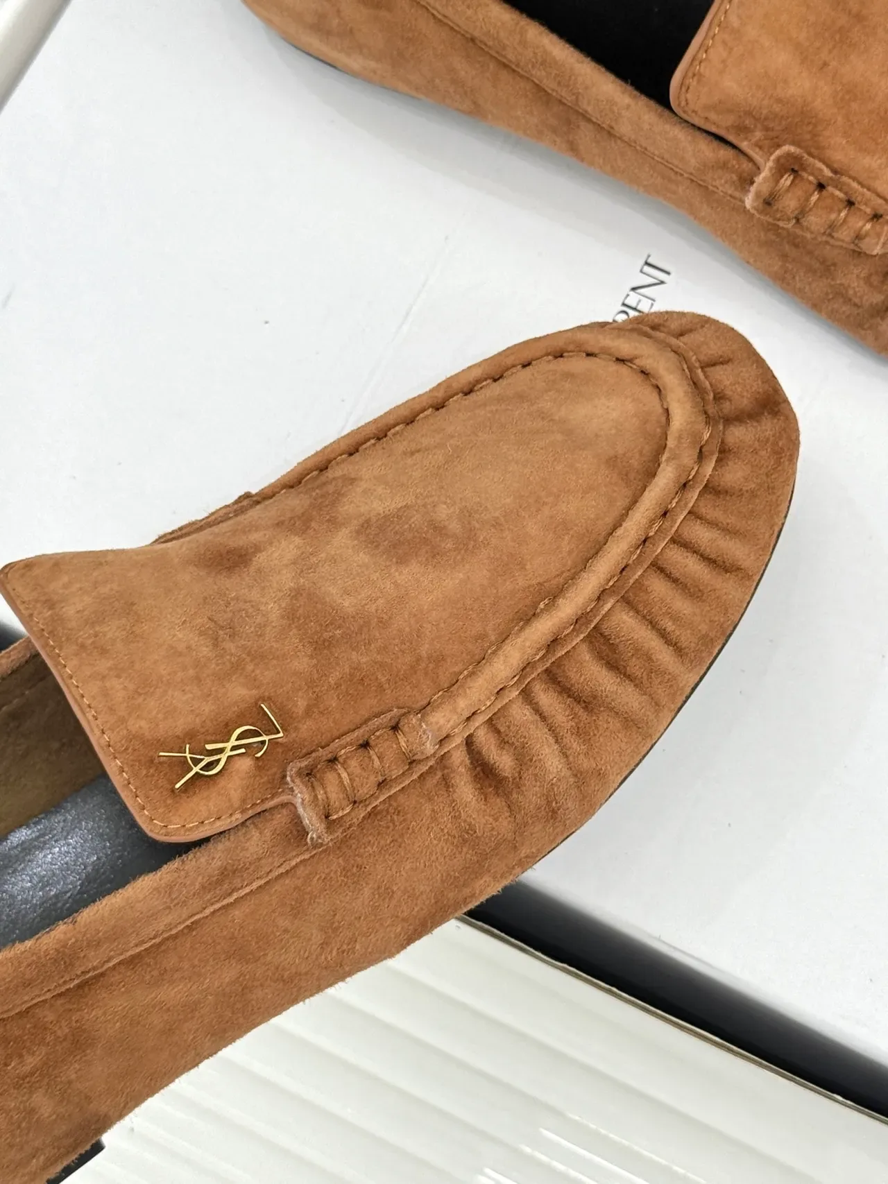 Saint Laurent Loafer Brown Black Suede Ruched Vamp Loafer 4