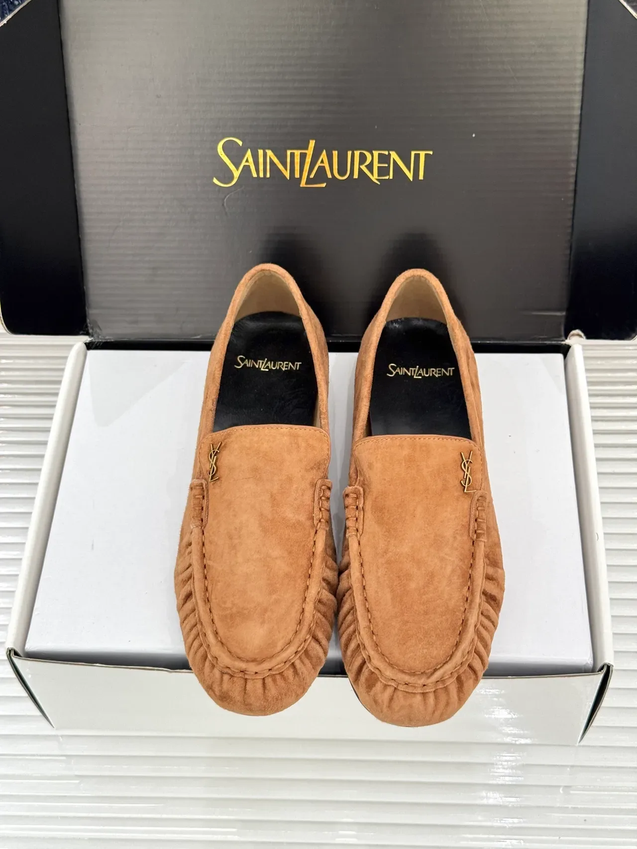 Saint Laurent Loafer Brown Black Suede Ruched Vamp Loafer 5