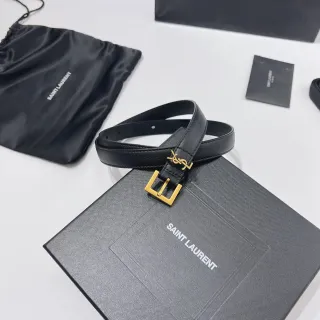 Saint Laurent Monogram बेल्ट काला सोना चिकना YSL बकल चमड़े की बेल्ट