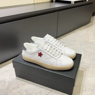 Saint Laurent White Red Leather Embossed Star Motifs Lifestyle Sneakers