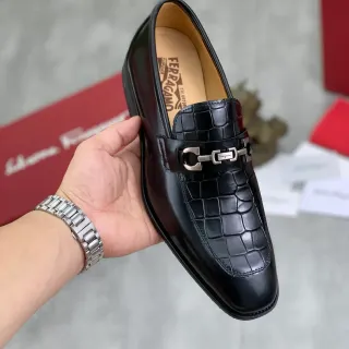 Salvatore Ferragamo Gancini Croc-Embossed Black Loafers
