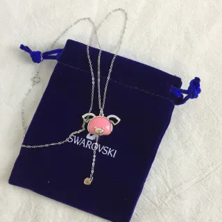 Swarovski Pink Silver Enamel Pig-Shaped Pendant Dangling Heart Charm Necklace