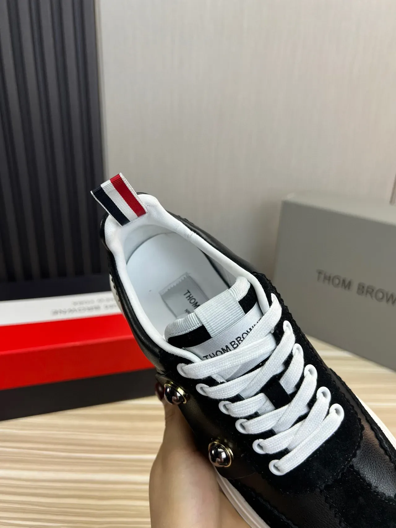 Thom Browne Button Strap Black Suede and Leather Lifestyle Sneaker 7