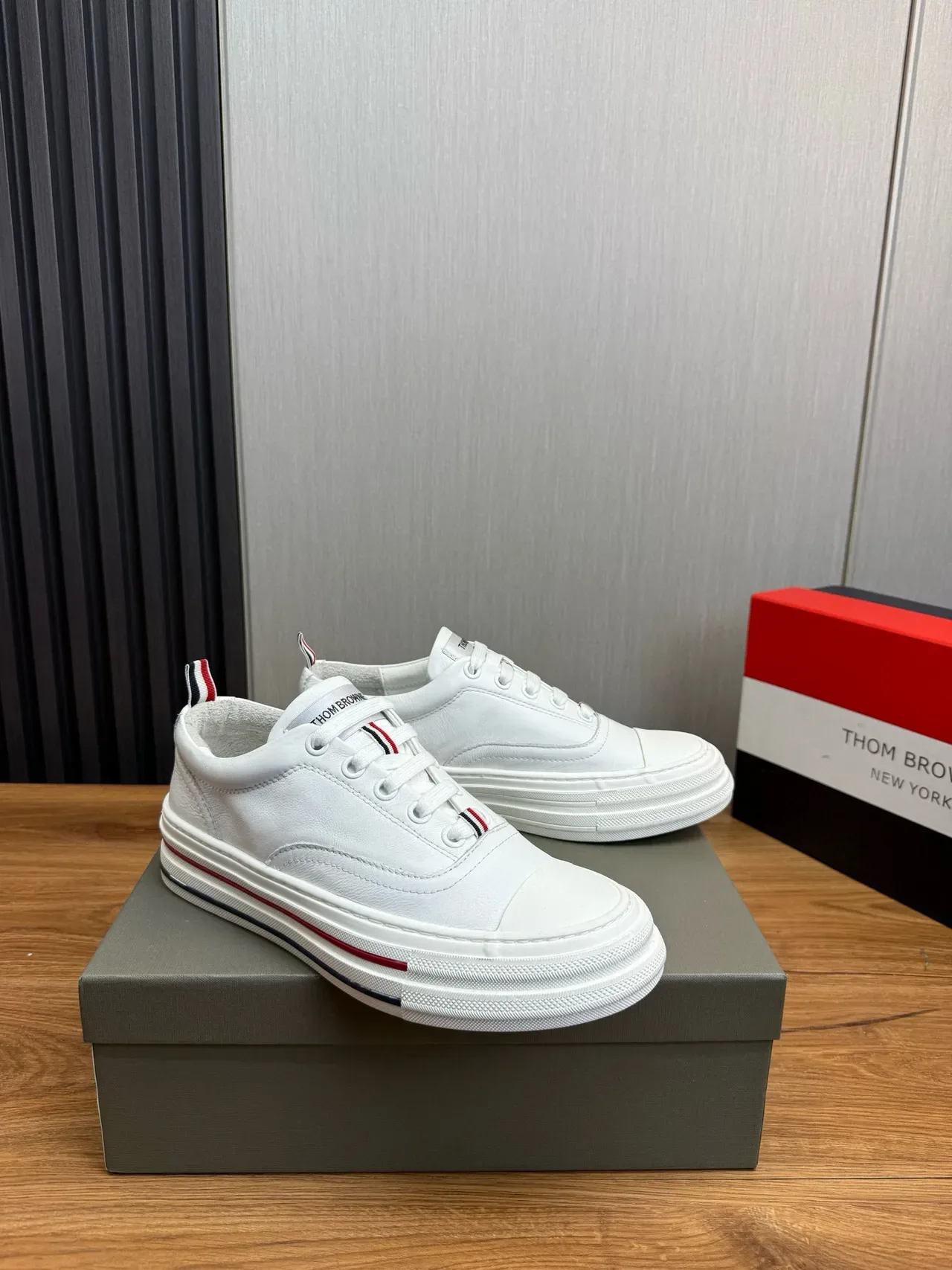 Thom Browne White Navy Leather Layered Platform Sole Lifestyle Sneakers 4