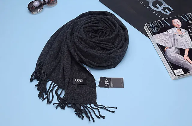 UGG Classic Black Thick Woven Texture Fringed Edges Cashmere Scarf 2