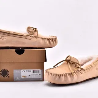UGG Damota Beige Suede Shearling-Lined Loafers