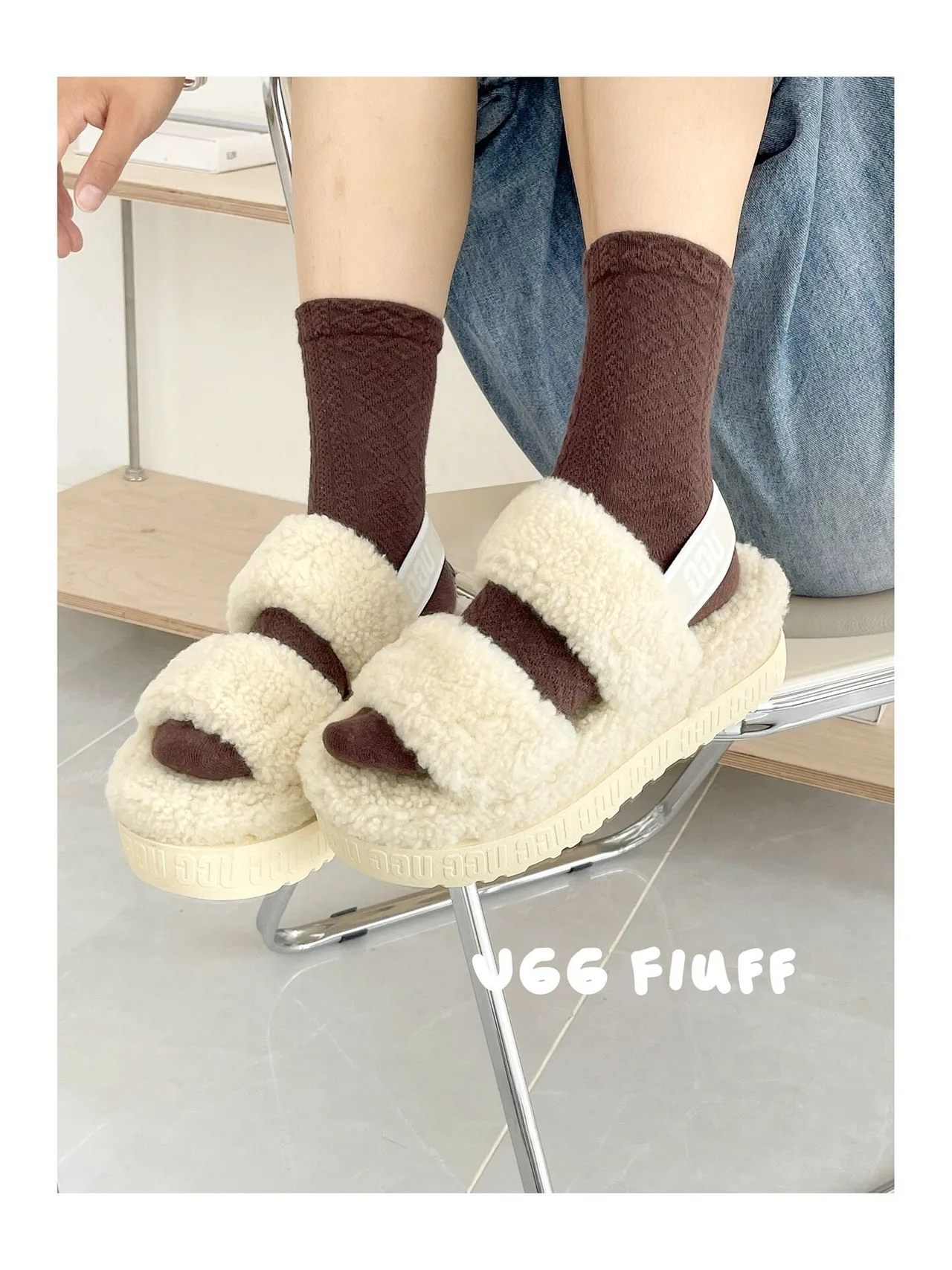 UGG Fluff Shearling Platform Slippers 7