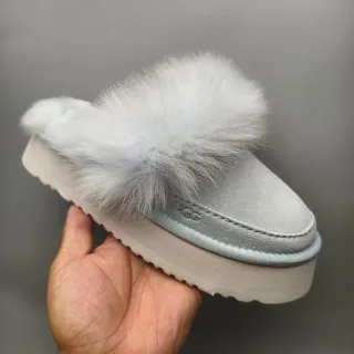 UGG Gray White Platform Sole Pom-Pom Fur Trim Slippers