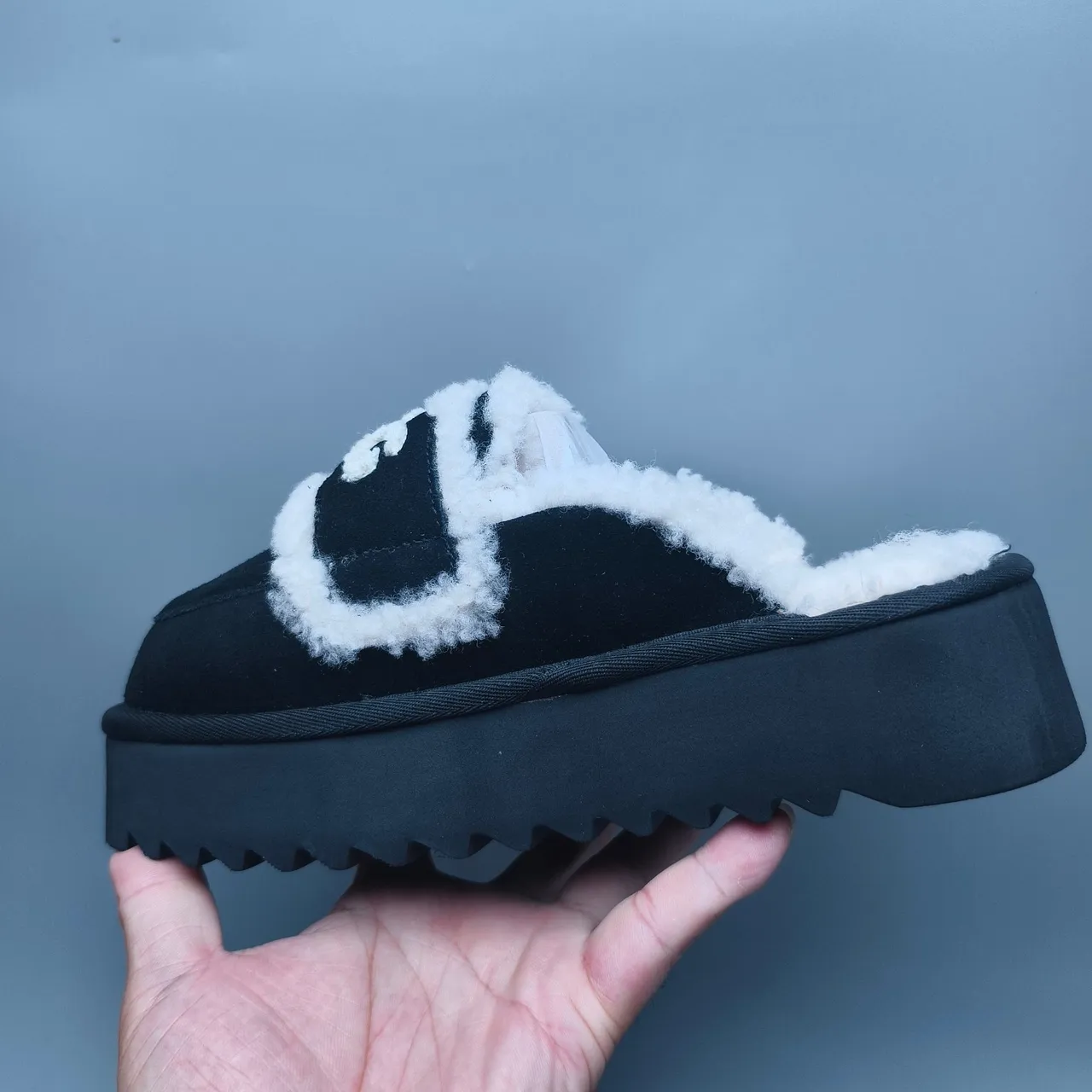 UGG Tasman Black and White Shearling Platform Slippers 4
