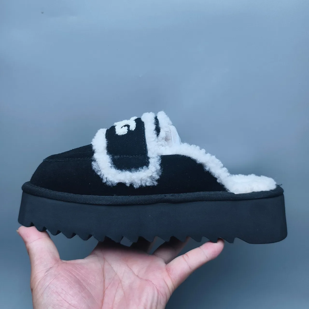UGG Tasman Black and White Shearling Platform Slippers 7