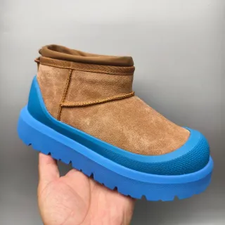 UGG Tasman-Style Tan Suede and Blue Platform Snow Boots