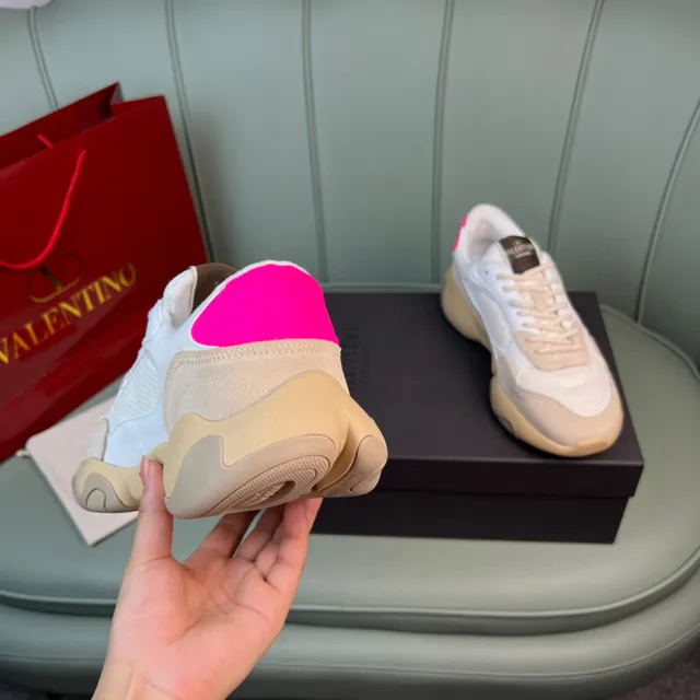Valentino Beige Pink Sole Mixed Mesh And Suede Upper Chunky Sneakers 3