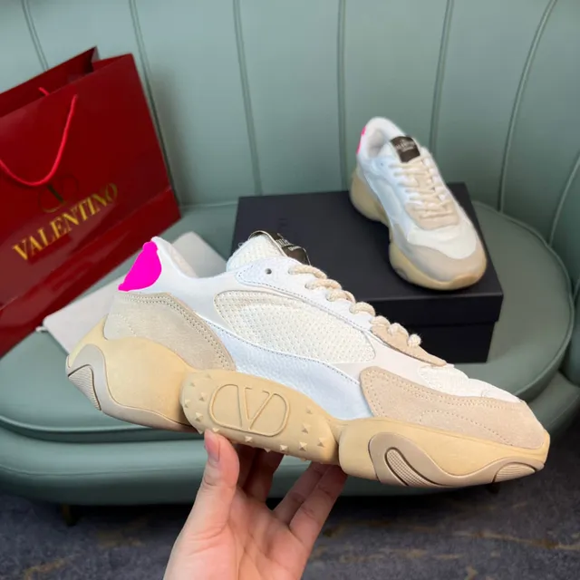 Valentino Beige Pink Sole Mixed Mesh And Suede Upper Chunky Sneakers 5