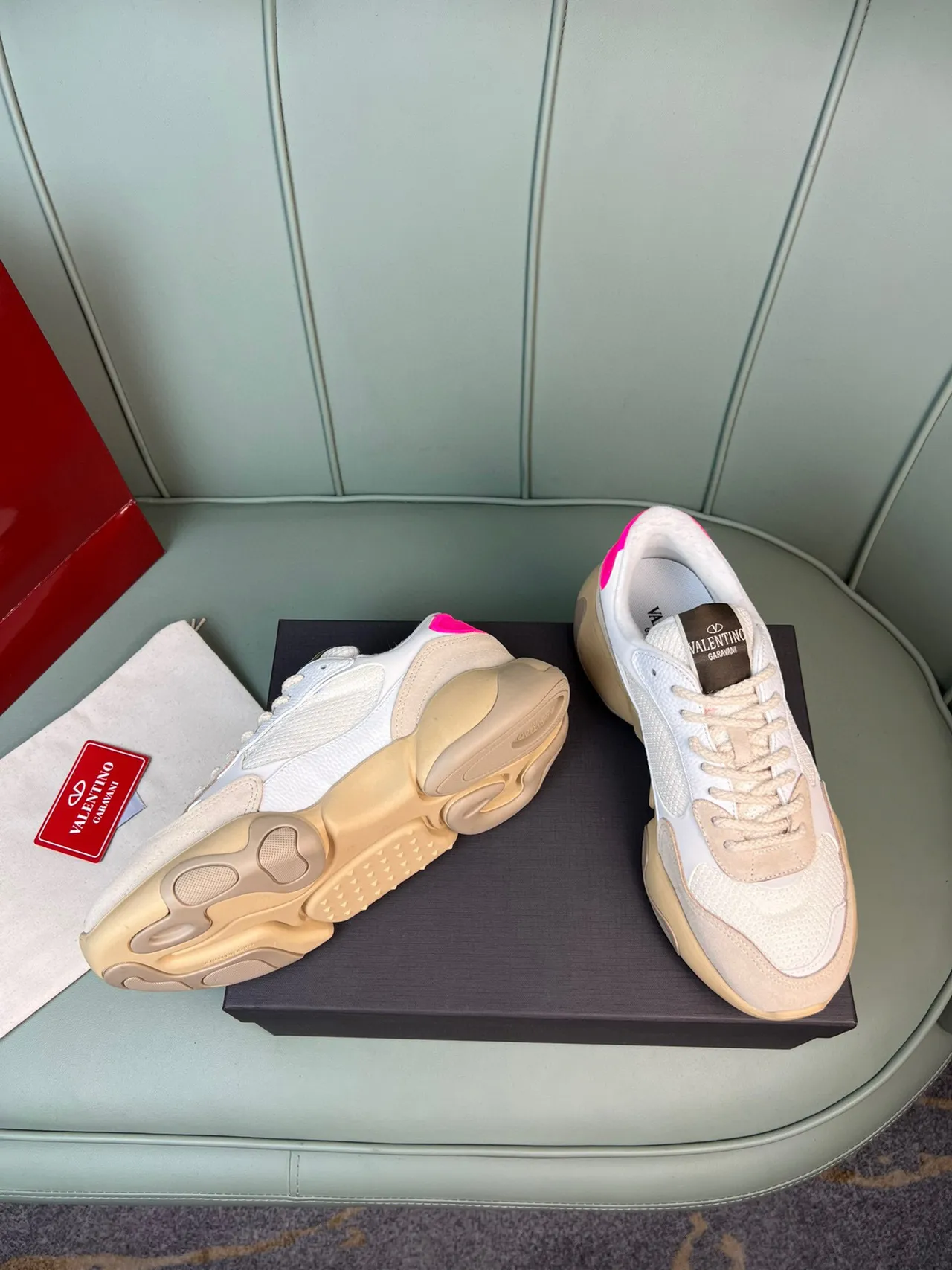 Valentino Beige Pink Sole Mixed Mesh And Suede Upper Chunky Sneakers 6