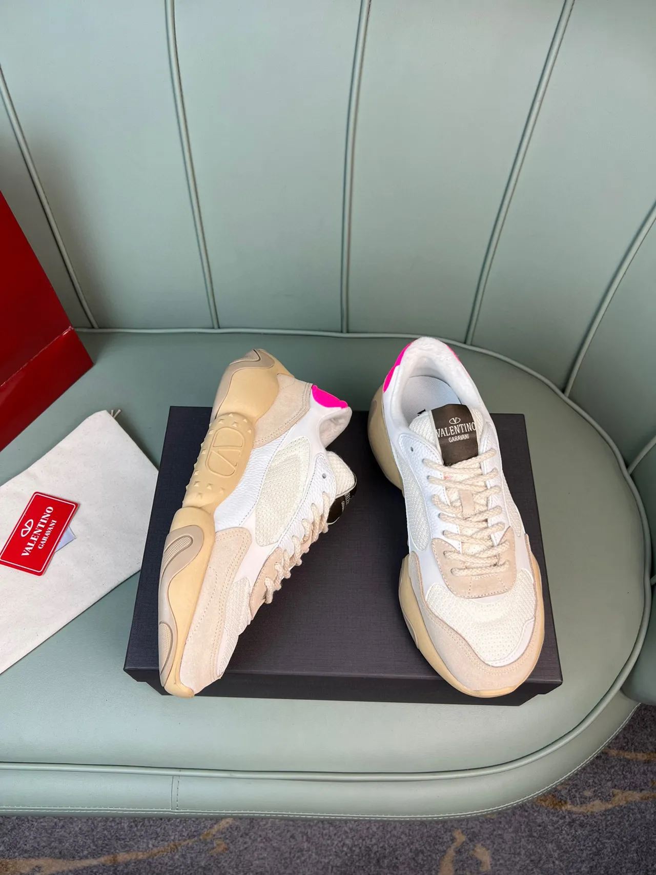 Valentino Beige Pink Sole Mixed Mesh And Suede Upper Chunky Sneakers 7