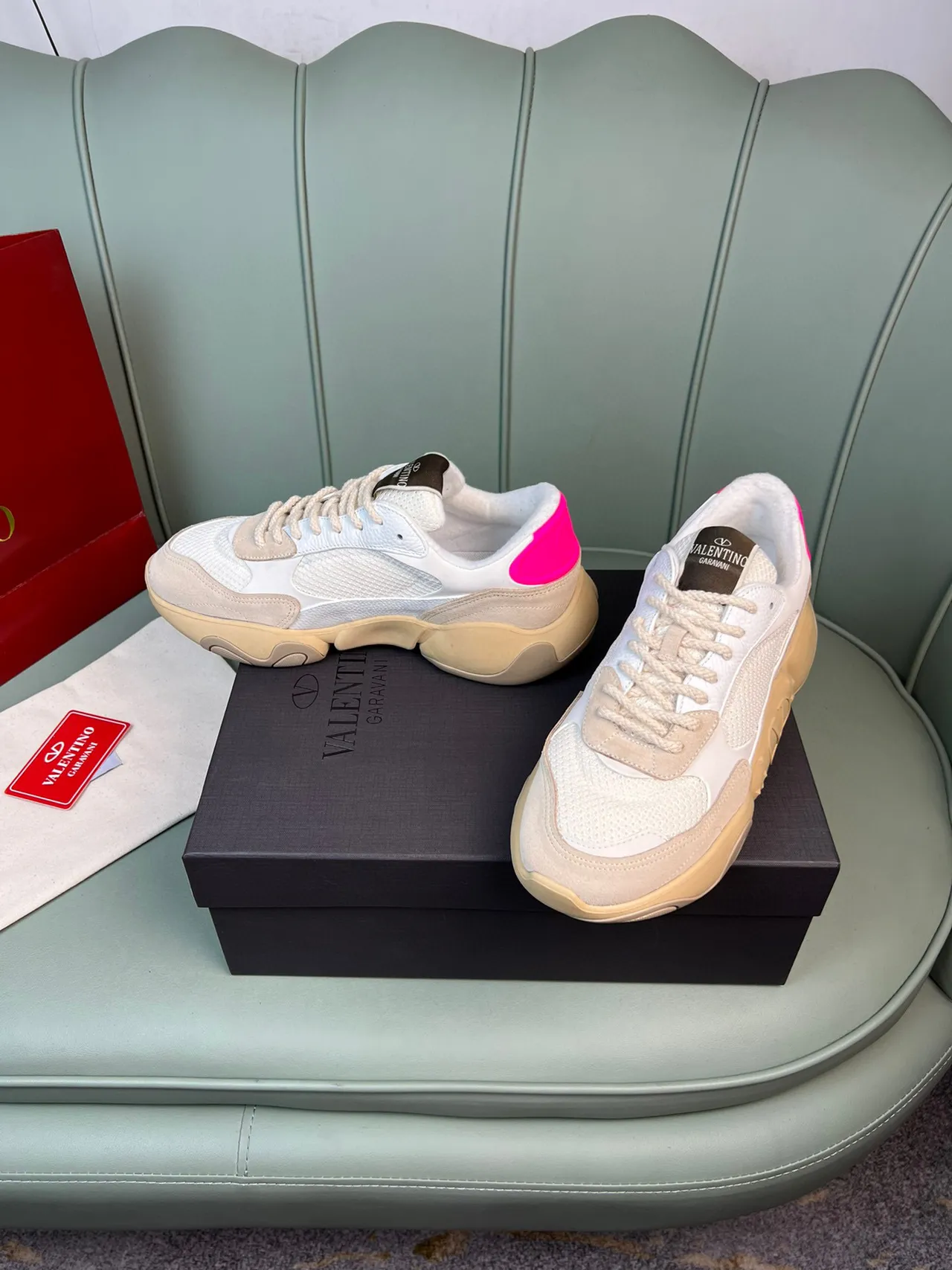 Valentino Beige Pink Sole Mixed Mesh And Suede Upper Chunky Sneakers 8