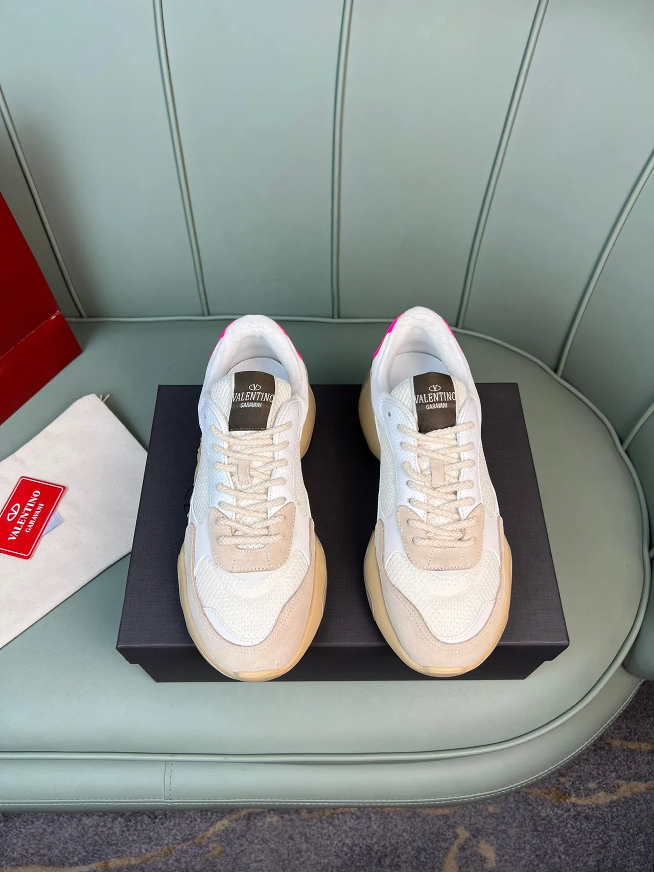 Valentino Beige Pink Sole Mixed Mesh And Suede Upper Chunky Sneakers 9