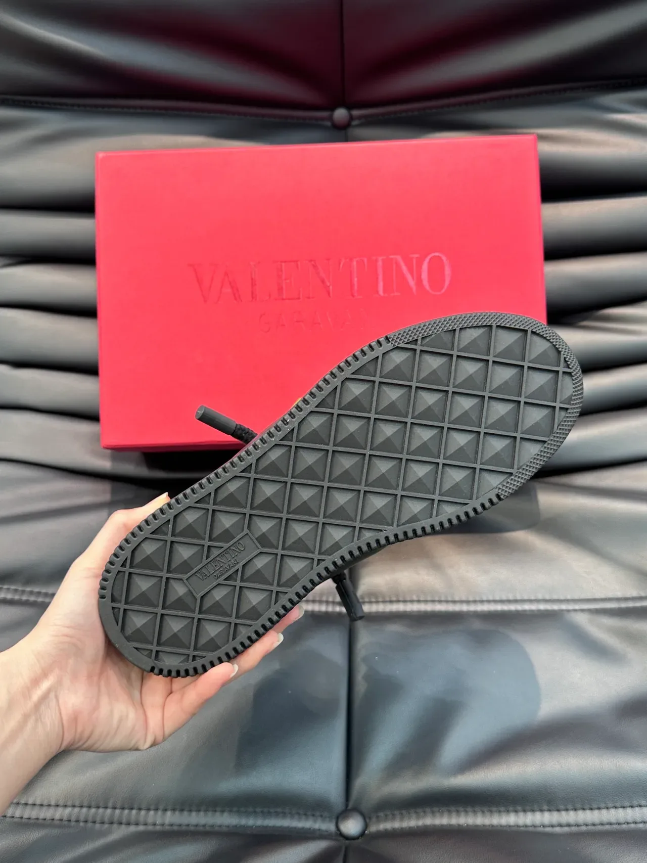Valentino Rockstud Black Green Quilted Leather Upper Pyramid Chunky Sneakers 2