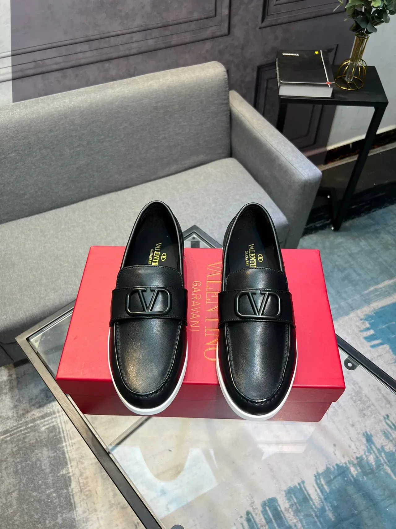 Valentino Rockstud Black White Leather VLOGO Buckle Loafer 2