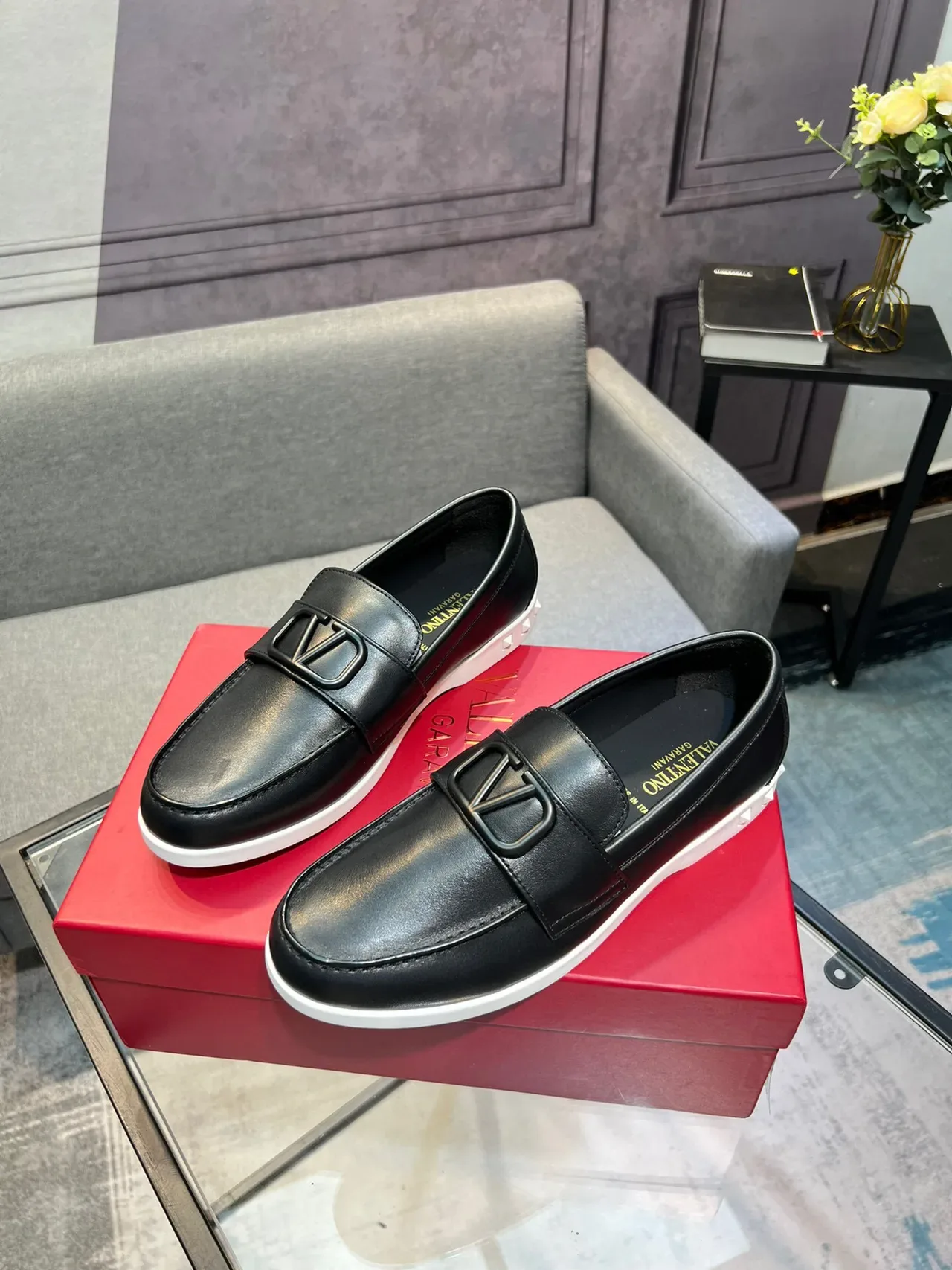 Valentino Rockstud Black White Leather VLOGO Buckle Loafer 3