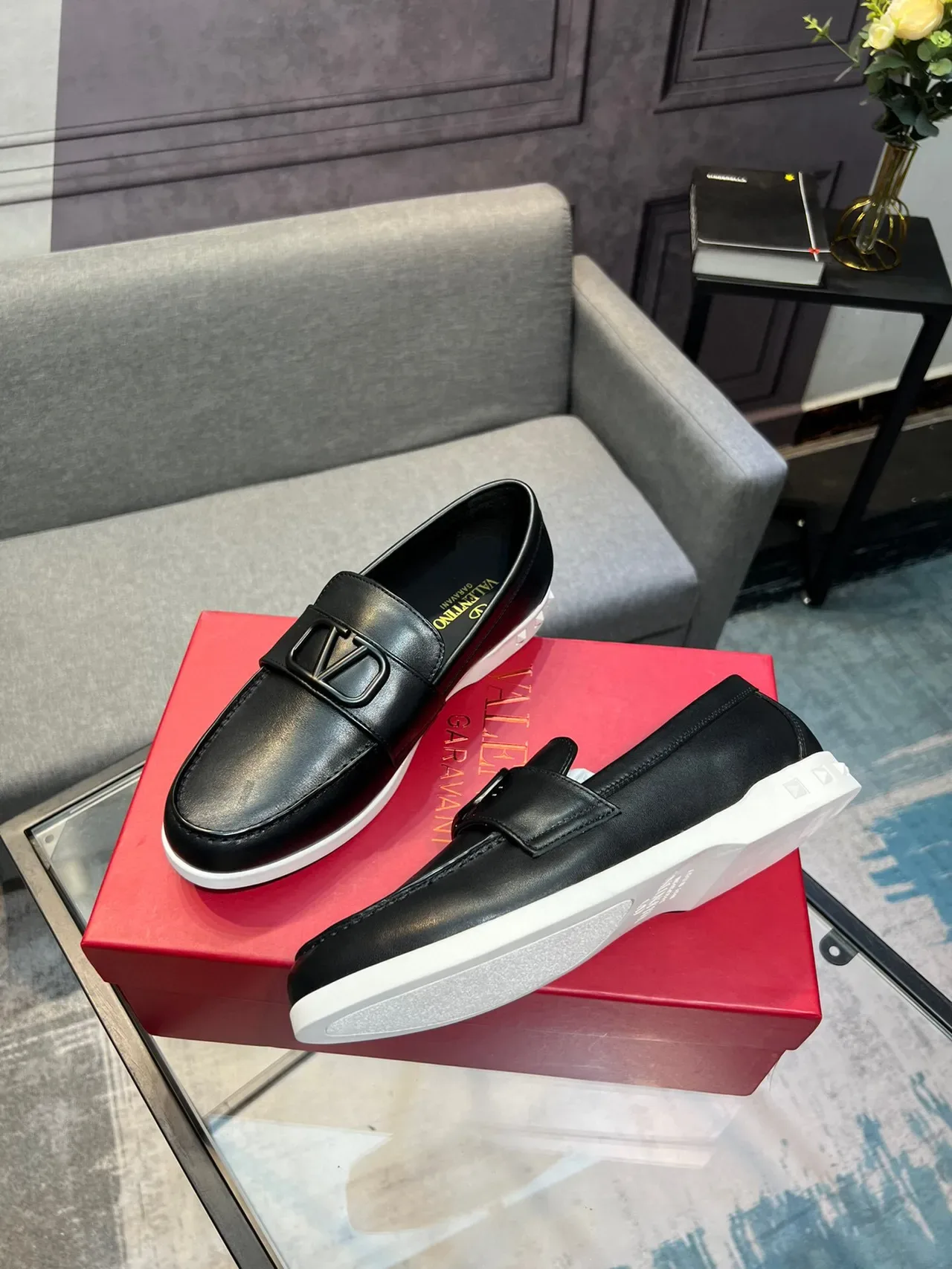 Valentino Rockstud Black White Leather VLOGO Buckle Loafer 4