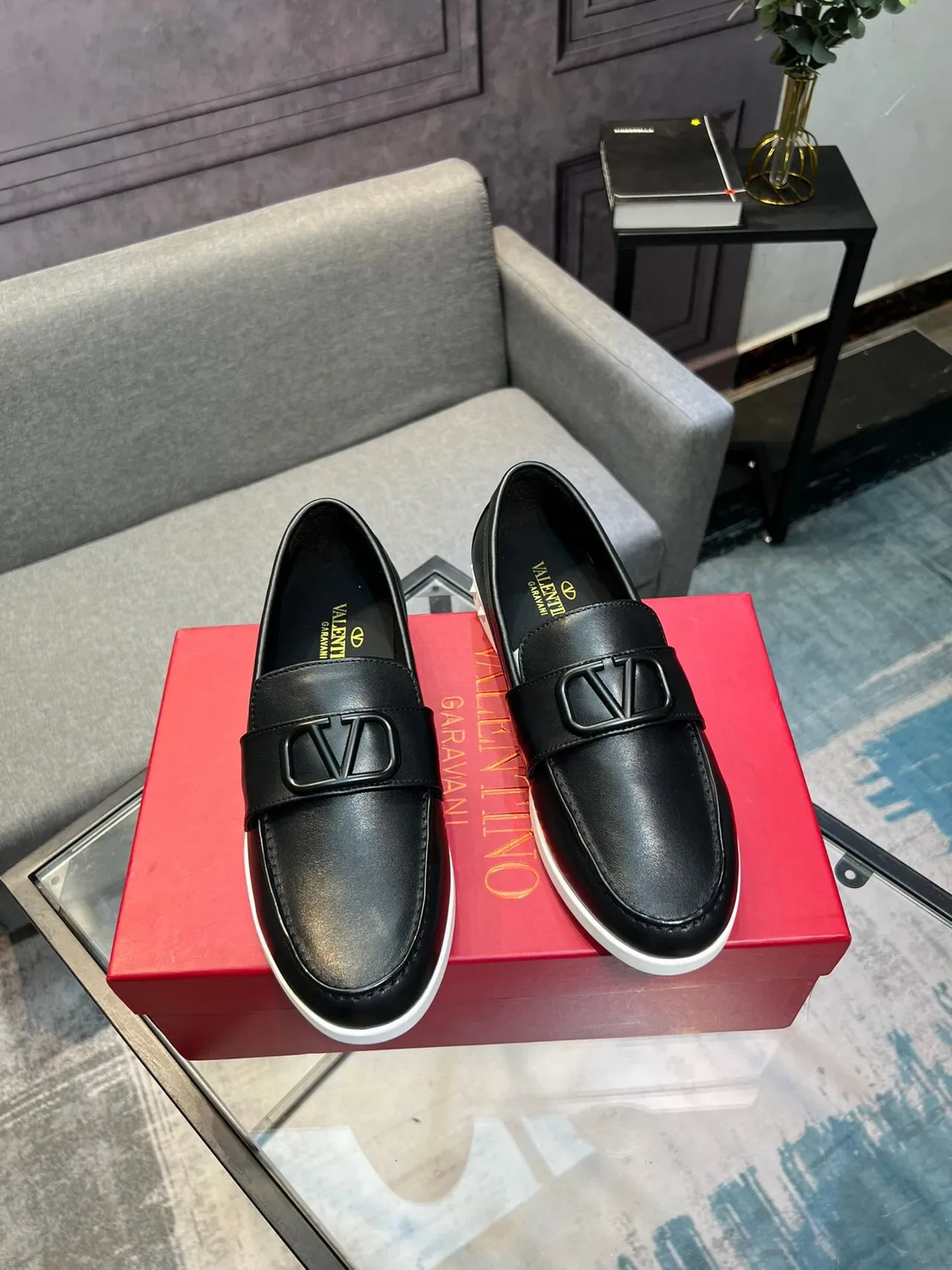 Valentino Rockstud Black White Leather VLOGO Buckle Loafer 5