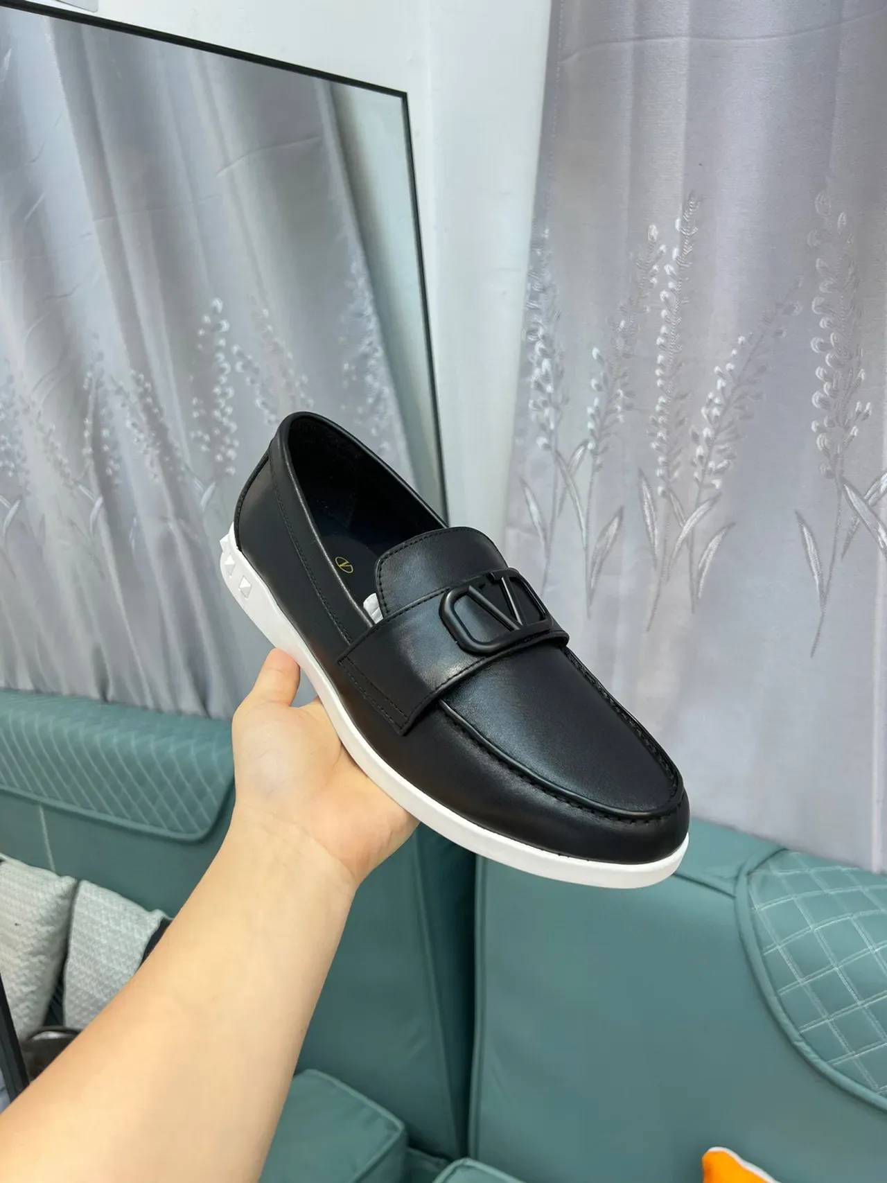 Valentino Rockstud Black White Leather VLOGO Buckle Loafer 6